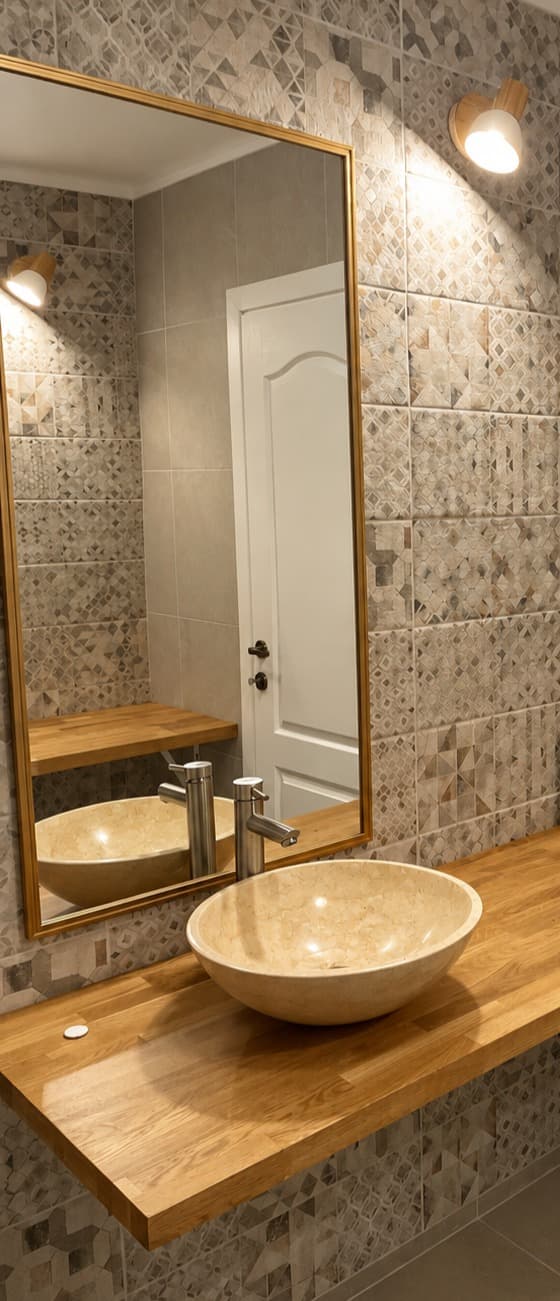 Stone basin on a wooden worktop, a gold-framed mirror and finishes in natural tones