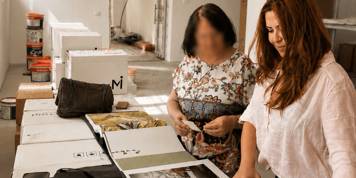 Designer de interior și beneficiară alegând tapet, materiale și finisaje într-o locuință aflată în amenajare.