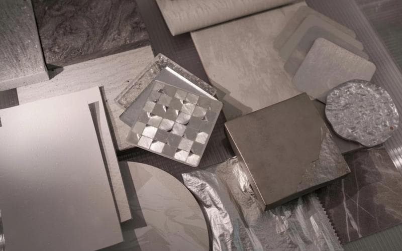 Mostre de finisaje pentru design interior: plăci ceramice, texturi metalice, piatră și materiale neutre aranjate pentru selecție și comparație.