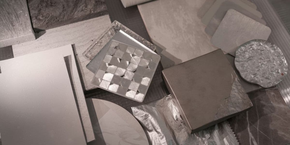 Mostre de finisaje pentru design interior: plăci ceramice, texturi metalice, piatră și materiale neutre aranjate pentru selecție și comparație.